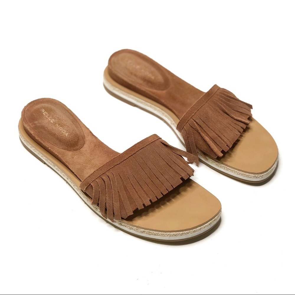 Pelle Moda Jade Suede Fringe Slide Sandals Boho Brown Size 10